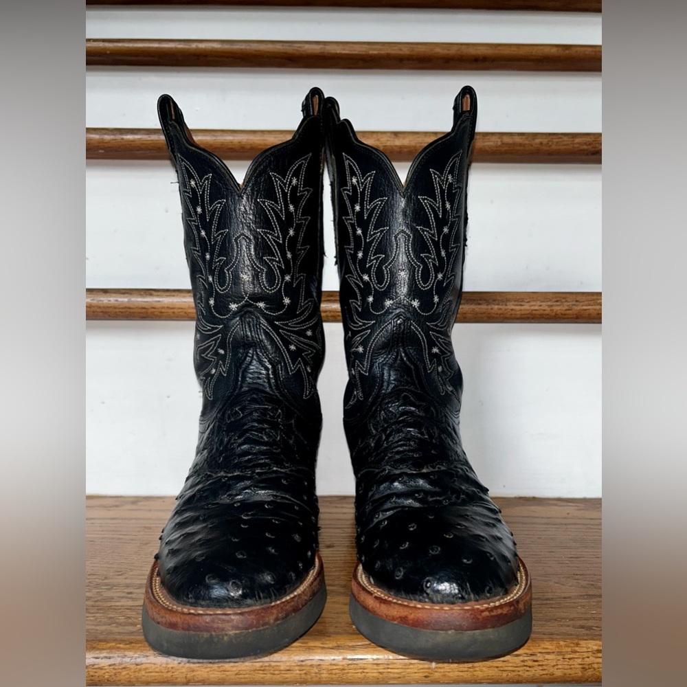 Vintage Women’s Lucchese 2000 Boots Roper Crepe Sole Ostrich Black 7 1/2B 🇺🇸